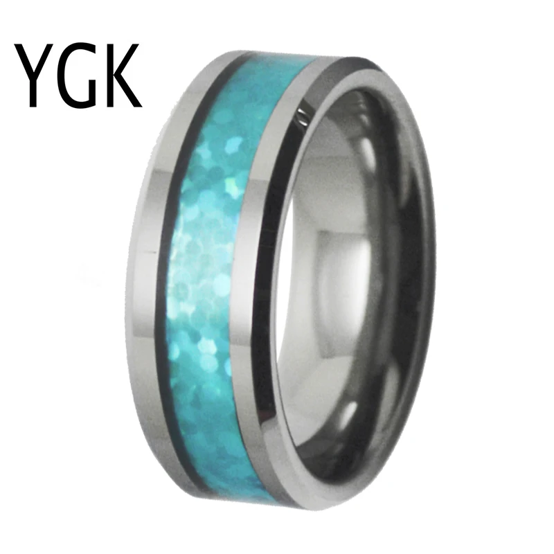 

YGK Wedding Jewelry Lover's Ring Silver Bevel imitate opal Inlay Tungsten Ring Bridegroom Wedding Engagement Anniversary Ring