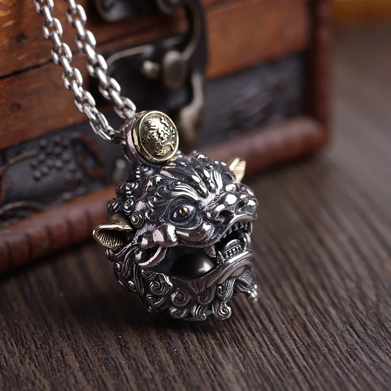 S925 silver retro craft male six-character truth-speaking beast bell pendant free shipping