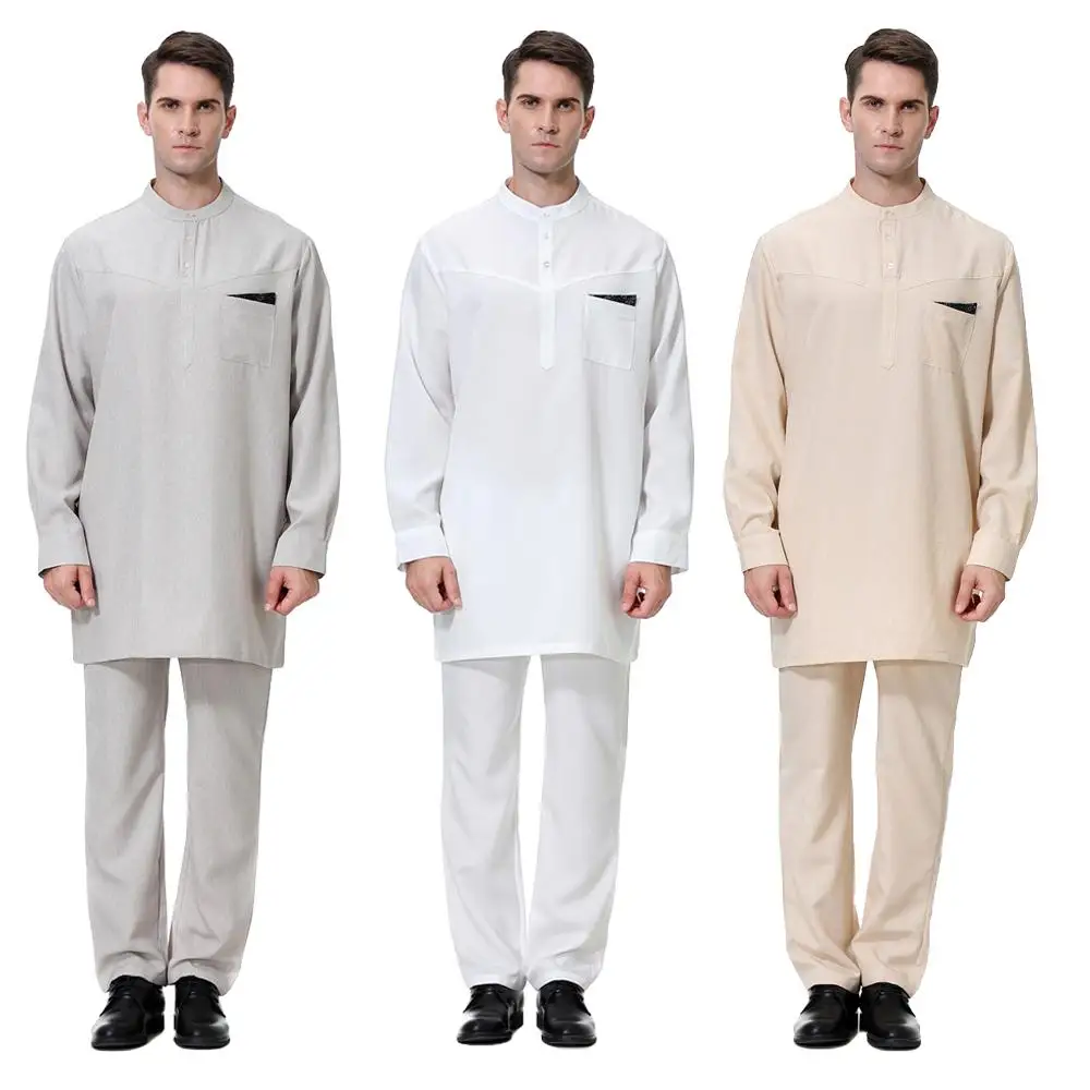 

Islamic Arabic Men Robe Jubba Thobe Kaftan Abaya Muslim Thoub Dubai Saudi Long Sleeve Tops Pants 2 Piece Set Ramadan Outfits Eid