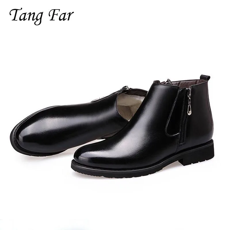 Men Boots Zipper Designer Men's Winter Formal Shoes British Fur Boots Genuine Leather Boots Pointed Masculina Bota