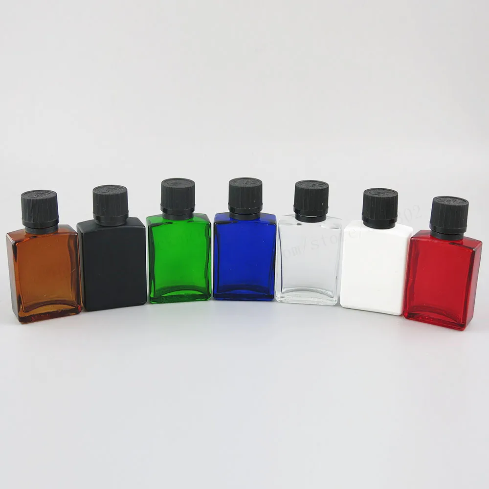 200 x 30ml 1oz Flat Square Glass Bottle With Black Tamper Evident Childproof Cap Blue Green Red Clear White Amber Black Color