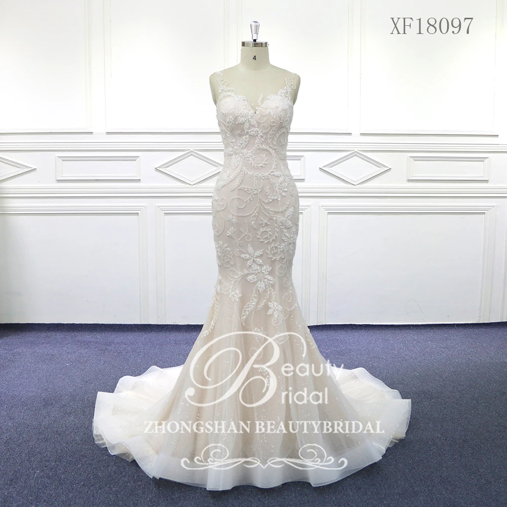 

Mermaid New Arrival Wedding Dresses New Lace Appliques Vintage and Beading With Pearls Back Robe De Mariage Beauty XF18097