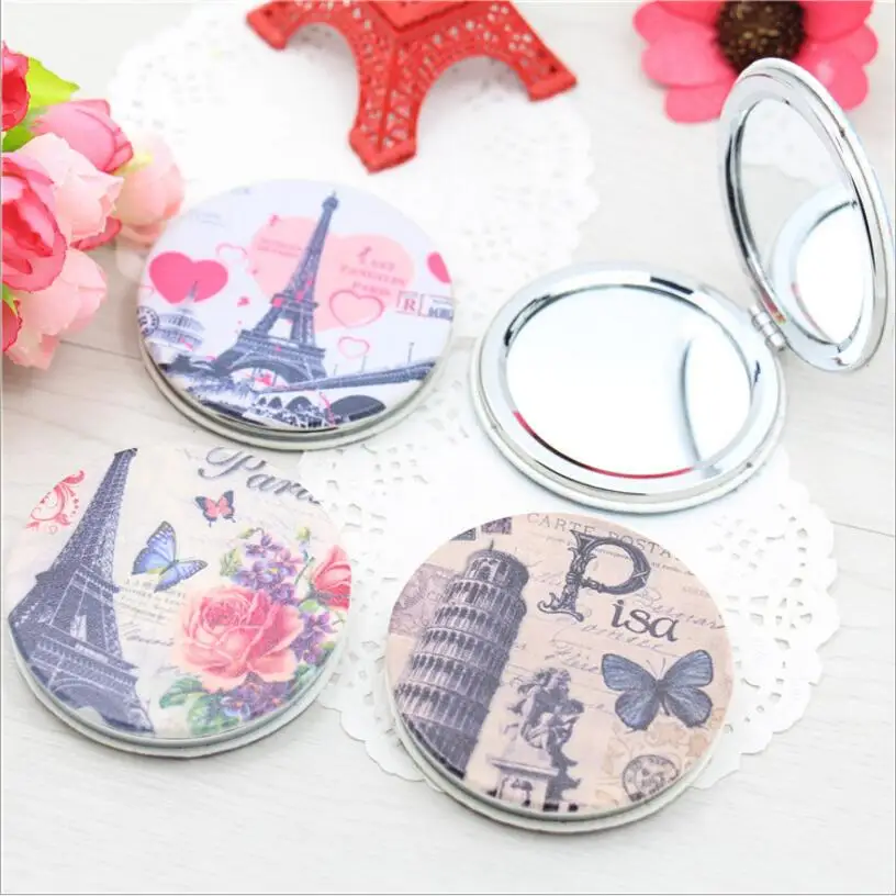 6pcs PU cover metal makeup mirror Eiffel Tower Portable pocket mirror Architectural landscape foldable Cosmetic mirrors