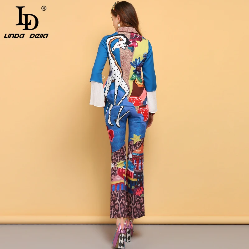 LD LINDA DELLA Fashion Designer Summer Vintage Suits Women\'s Bow Tie Animal Print Shirt and Floral Printed Pants 2 Pieces Set