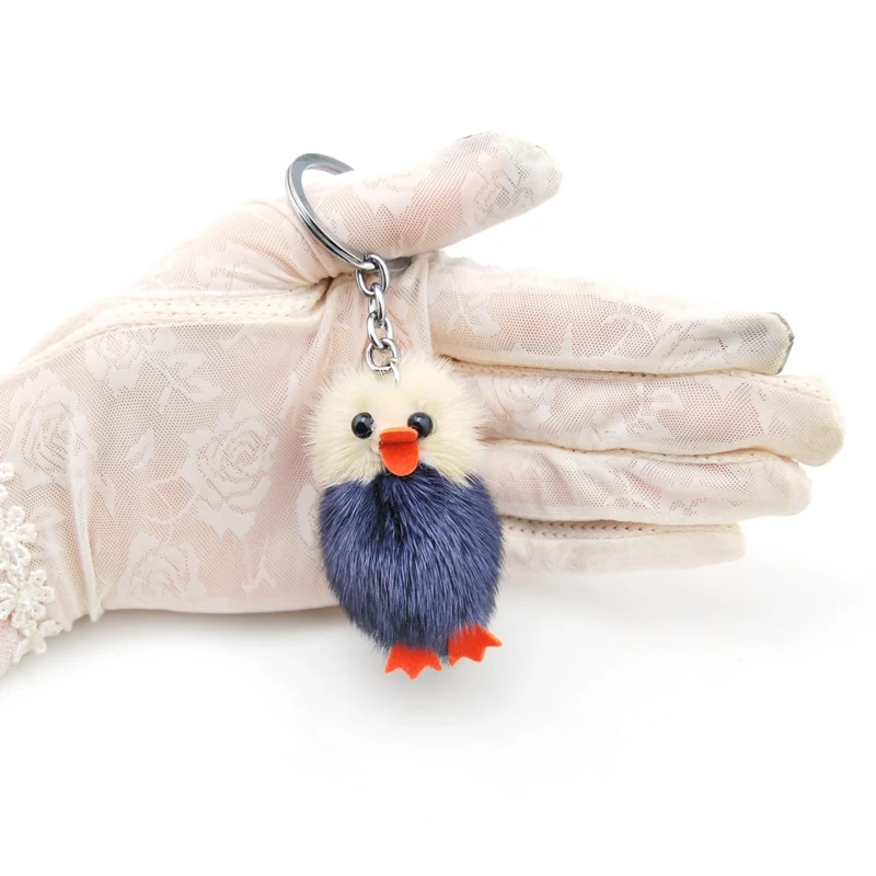 Genuine Mink Fur Chicks Keychain Women Cute Duck Doll Key Ring Chain Pompom Keyring Female Trinket Toy Bag Charms Car Key Holder