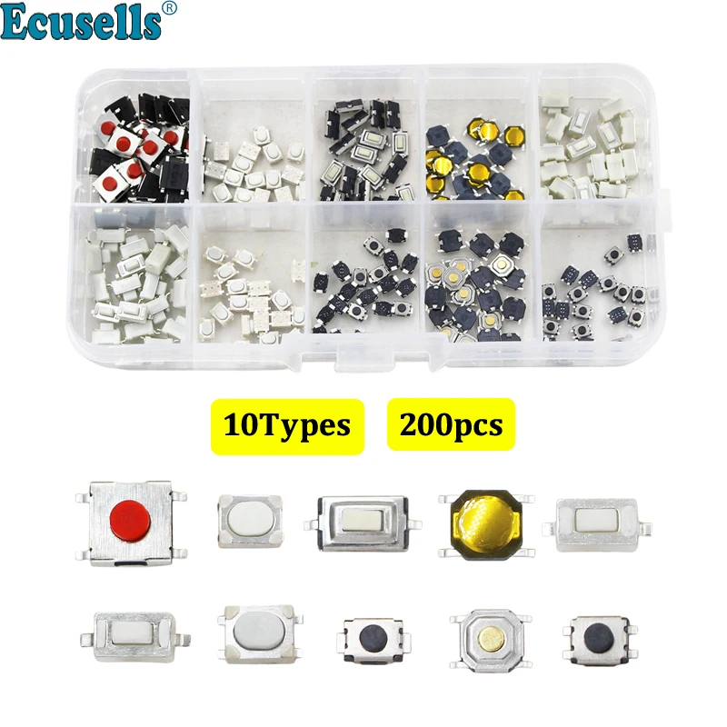 

10 Types Tactile Push Button Switch Micro Momentary Tact Assortment Kit for Car Remote Key Button Microswitch 200pcs