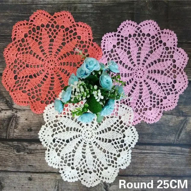 25CM Round Pastoral Vintage Crochet Flowers Wedding Dining Doily Cotton Lace Napkins Christmas Placemat Banquet Party Decor