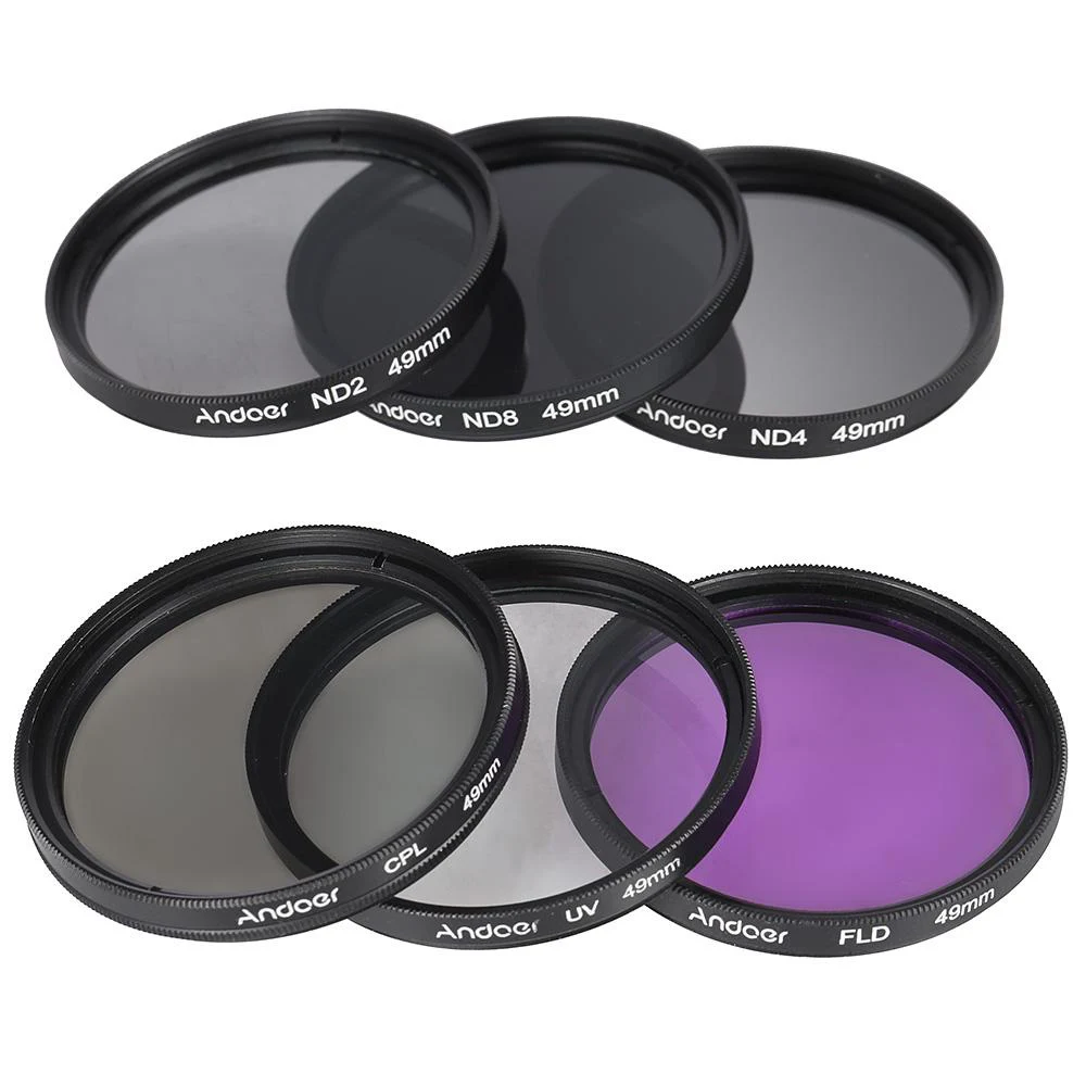 Andoer 49mm Lens Filter Kit UV+CPL+FLD+ND with Carry Pouch / Lens Cap / Lens Holder / Tulip & Rubber Lens Hoods / Cleaning Cloth