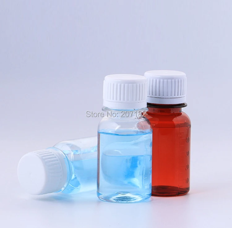 100PCS 50ml PET Liquid Bottle With Scale, Plastic Packing Bottle, Pill Bottles--- Brown/Transparent 2 Colors Safety Screw Cap