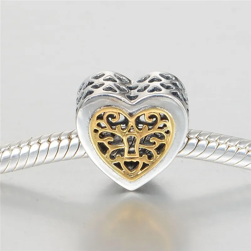 

Locked Heart Beads Autumn 925 Sterling Silver Jewelry & Solid Gold Detail Openwork Heart Charm Fit Pandora Bracelet Diy