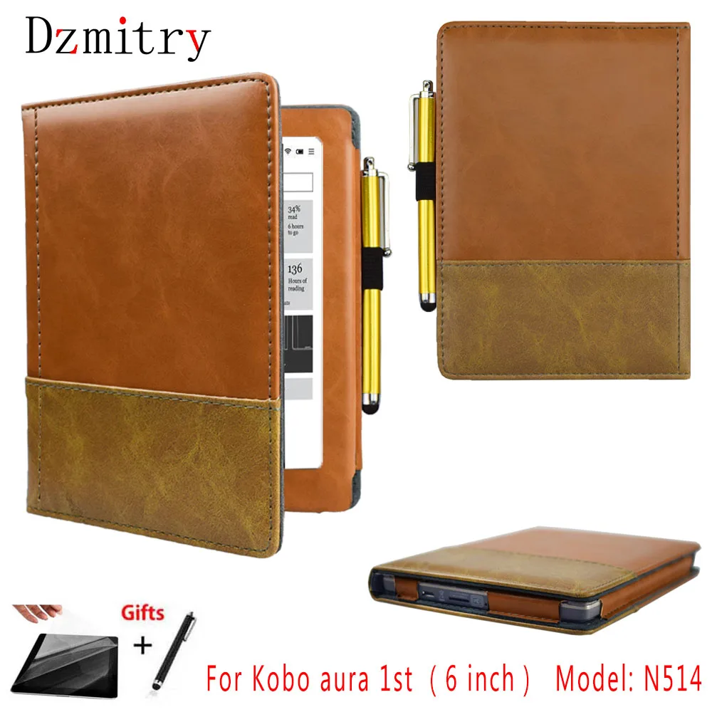 Luxury PU Skin Magnetic case Cover For Rakuten Kobo aura 1st (6 inch) & Model: N514 ebook pouch eReader Protector Shell+Film+Pen