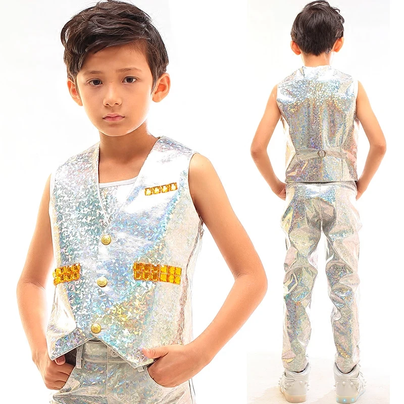 Jazz Costumes Hip Hop Boys Drums Children Street Dance Model Singer Performance Silver Tassel Laser Leather Pants Suit DNV10053