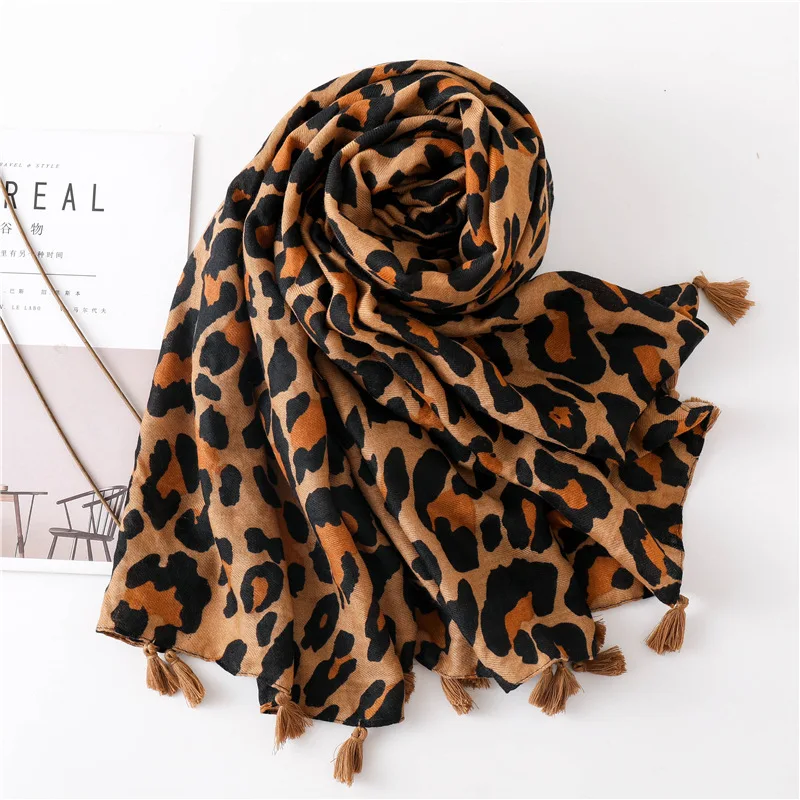 2025 herbst Winter Leopard Dot Quaste Viskose Schal Schal Frauen Drucken Halstuch Snood Luxus Marke Foulards Moslemisches Hijab Sjaal – Detail 20