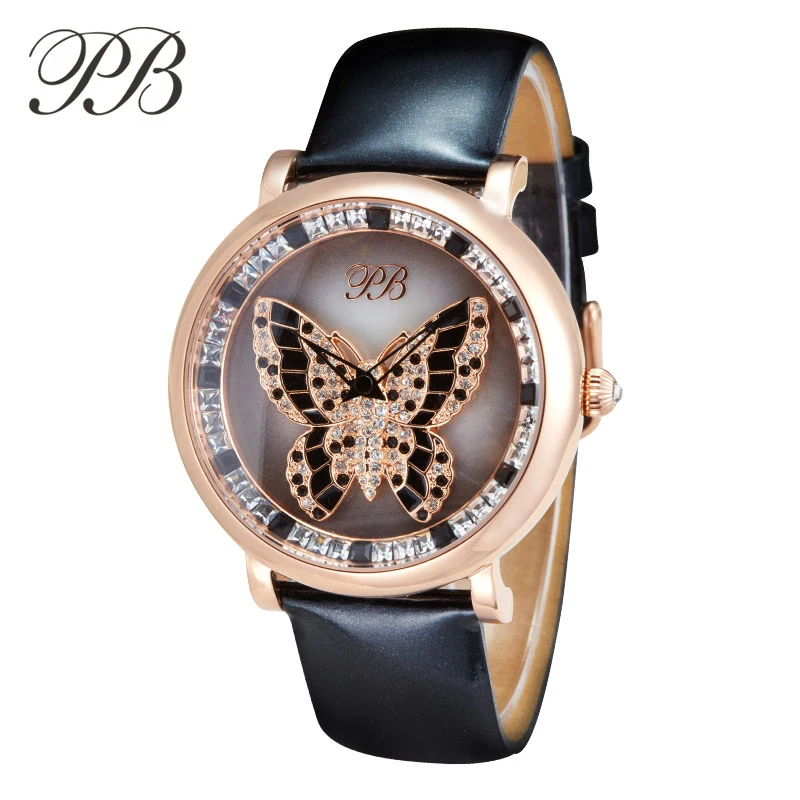 Princess Butterfly Luxury Brand Women Watches Rotatable Diamond Crystal Butterfly Waterproof Leather Quartz