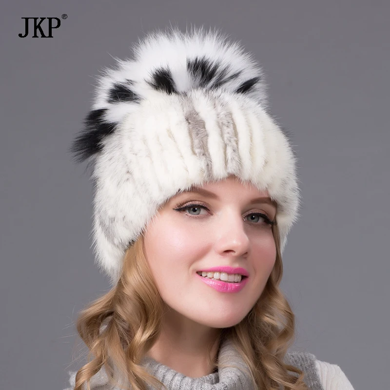 JKP winter Women\'s Fur Hats Knitted Mink Fur Hat Female With real Fox Fur Pompom Cap Lining Winter Girls Hats For Beanies