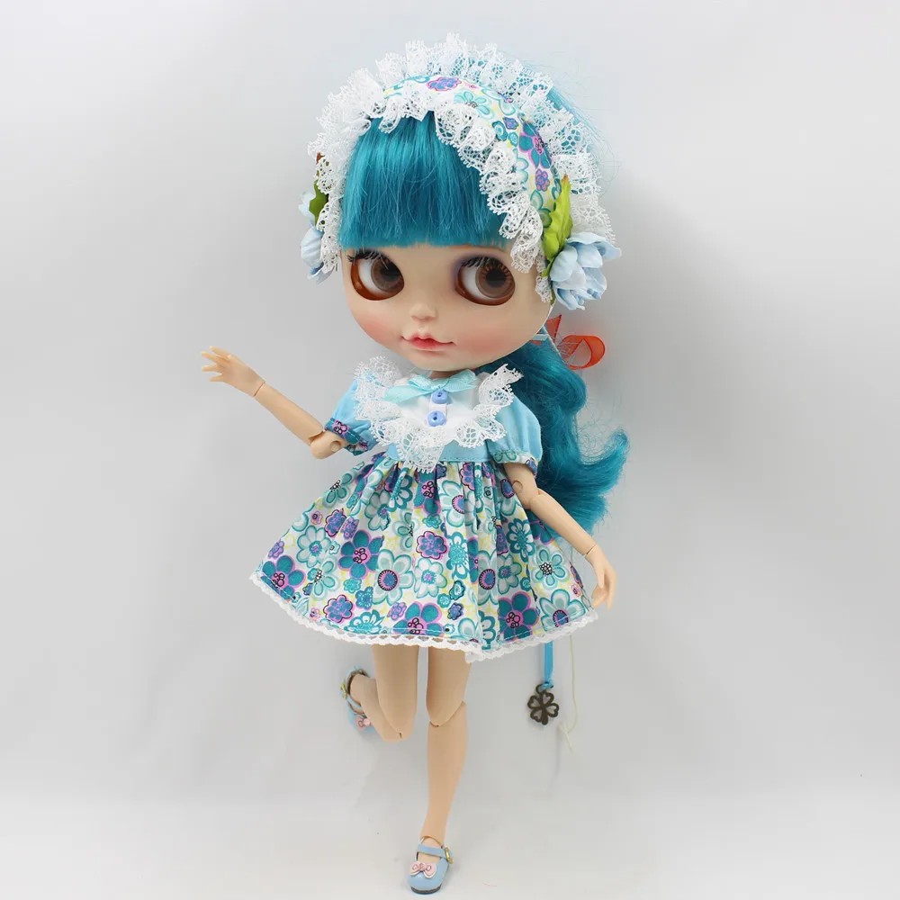 Outfits for Blyth doll Blue Flower dress with hair band dress up for the 1/6 ICY NEO BJD icy dbs