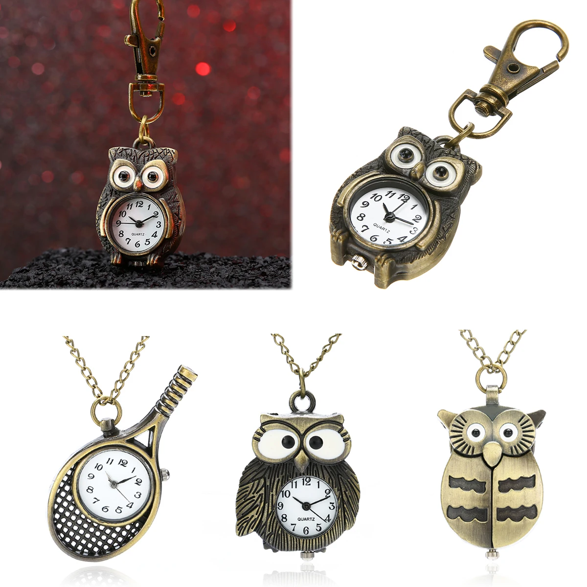 Women\'s Vintage Owl Tennis Racket Quartz Pocket Watch Necklace Pendant Gift