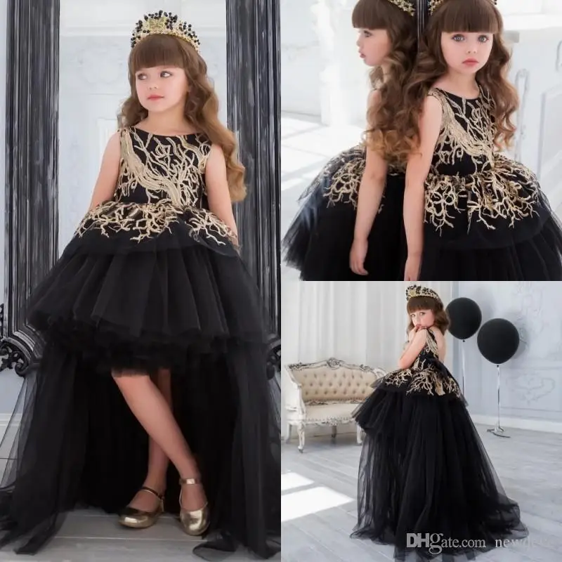 Gold Sequins Flower Girl Dress With Train Black Ball Gown Hi Lo Little Girls Pagesnt Dress Tiered Formal Gowns For Kids