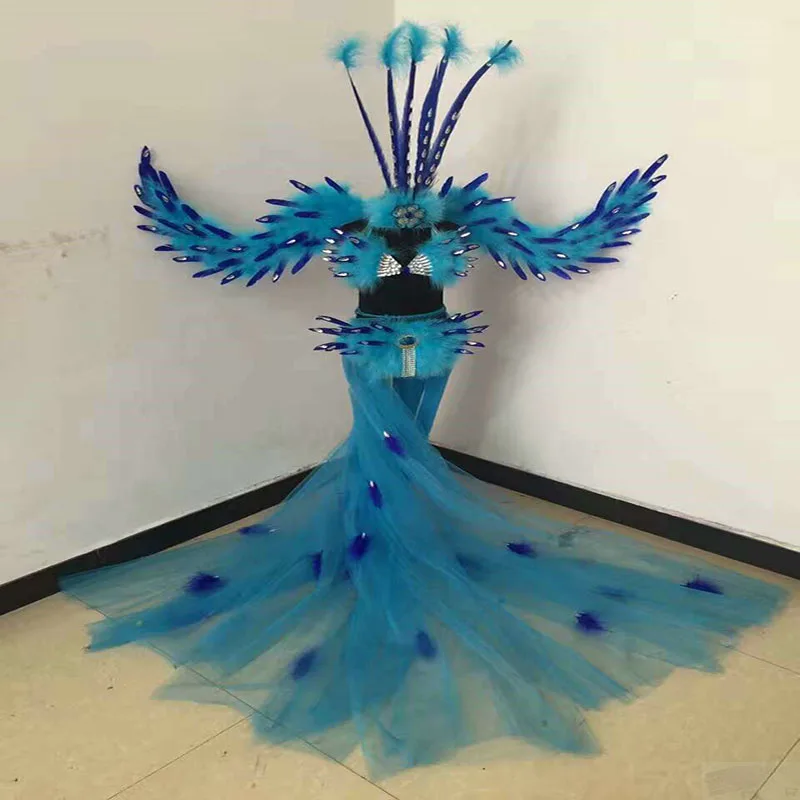 Bikini girls stage shows feather long dresses exaggerated feather backpack cosplay feather costumes for girl