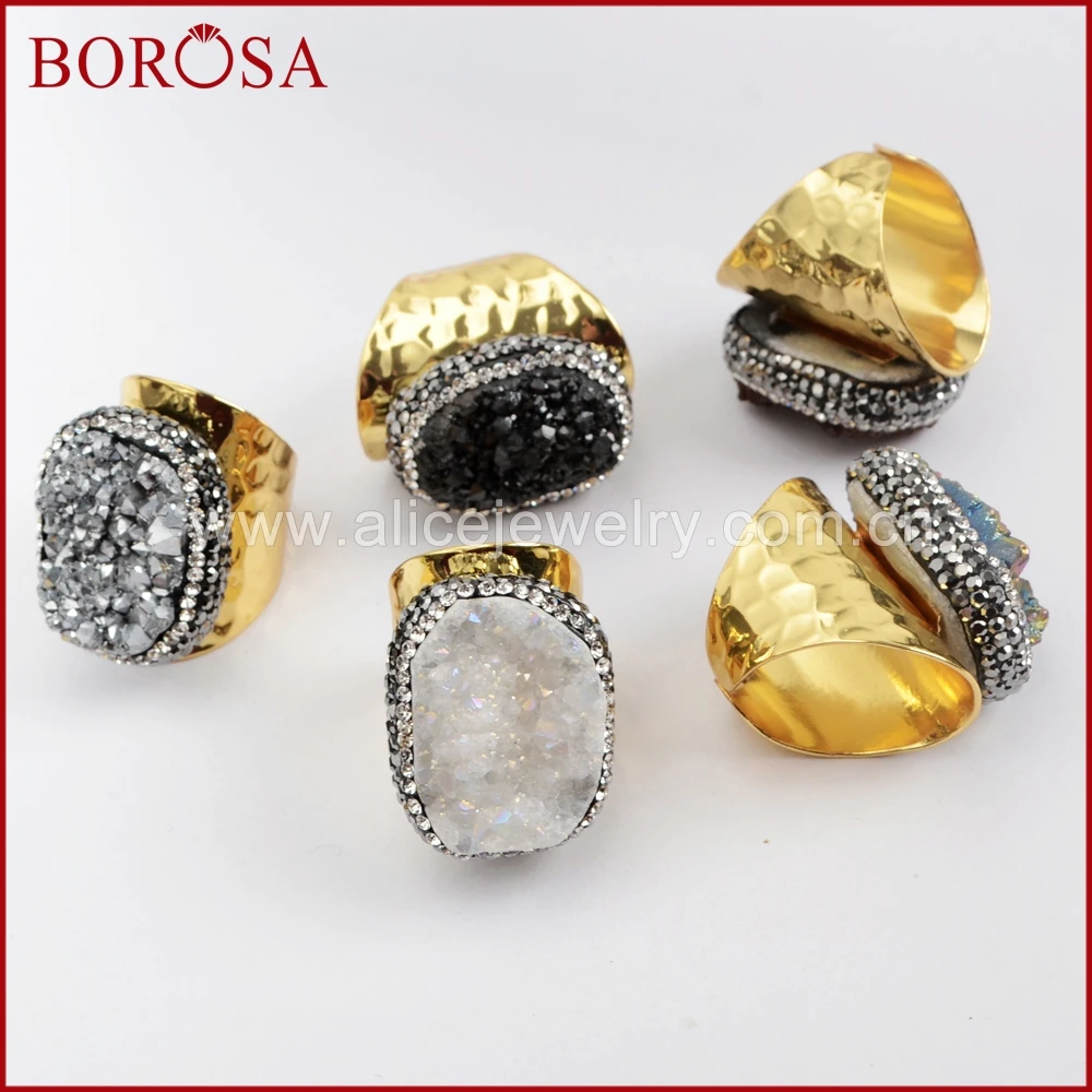 BOROSA 5/10PCS New Electroplated Rainbow Druzy Band Rings Rhinestone Pave Titanium Druzy Golden Ring Jewelry for Women JAB938