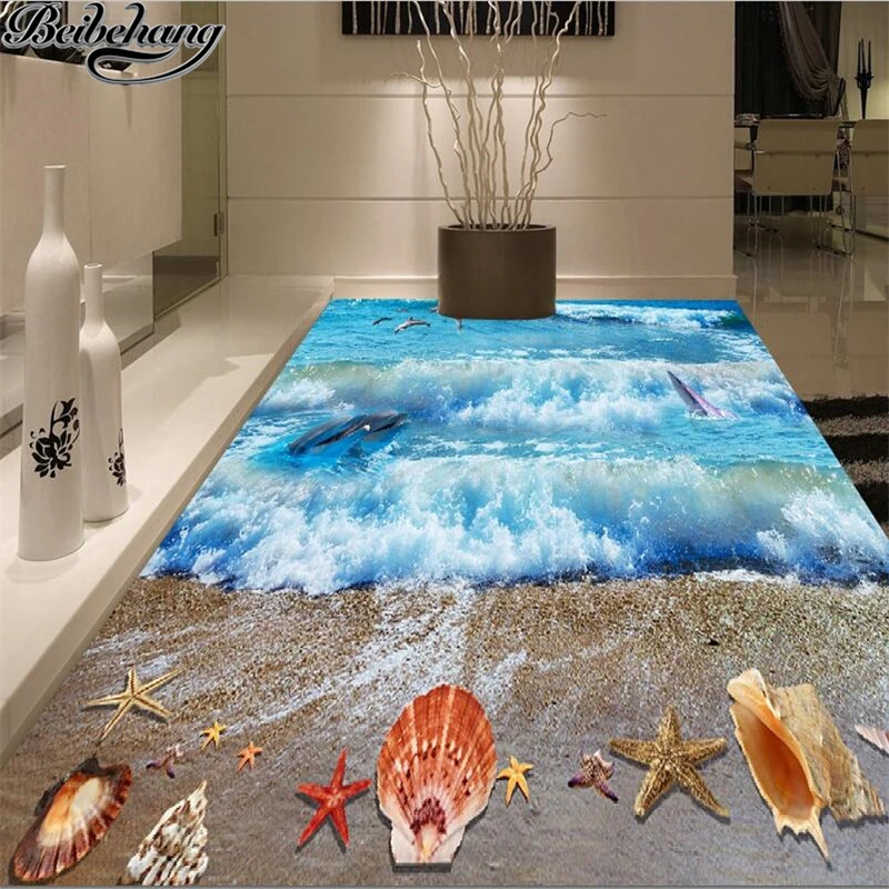 

beibehang Custom floor decoration painting 3d three-dimensional summer beach starfish dolphin flooring painted tiles wallpapers