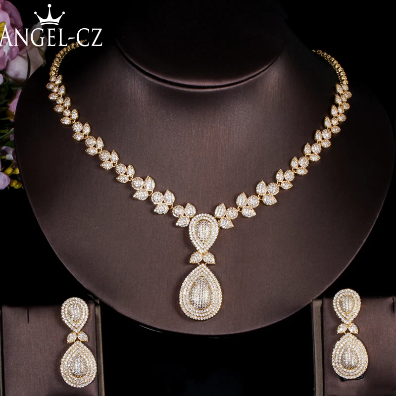 ANGELCZ Gorgeous African Wedding Set Full Micro Pave Cubic Zirconia Bridal Gold Color Water Drop Earrings Necklace Jewelry AJ072