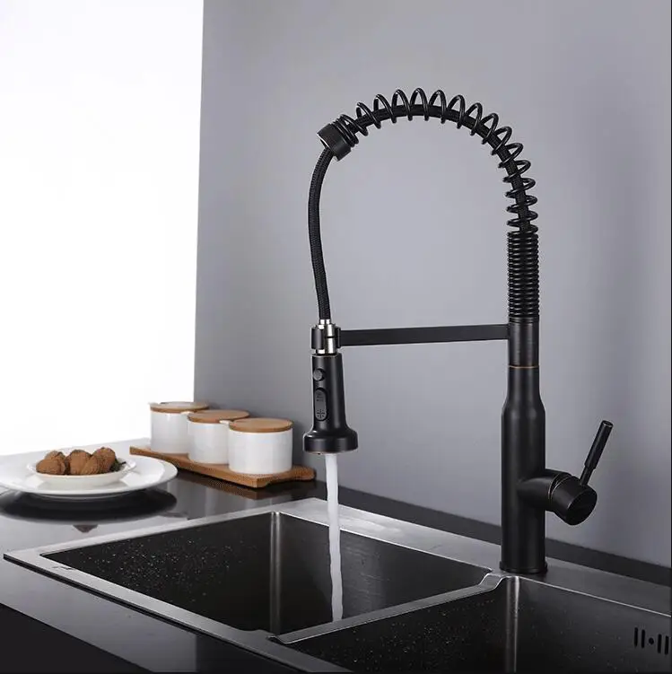 

485mm High All brass kitchen faucet pull down Spring Mixer faucet with double mode spray--Oil Rubbed Bronze Black