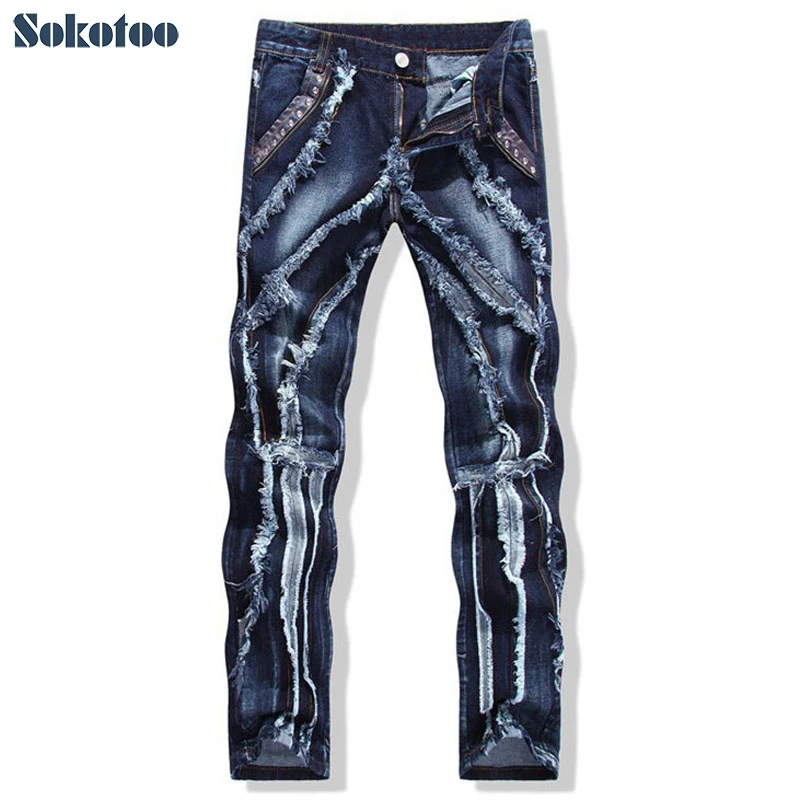 Sokotoo-pantalones vaqueros rasgados con remaches de cuero para hombre, Vaqueros rectos y delgados con personalidad