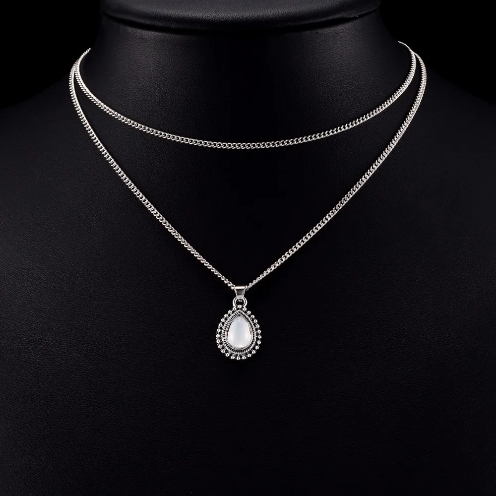 Vienkim Multi Layer Vintage Silver Color Drop Stone Pendant Natural Stone Necklace Boho Jewelry Women Girl Jewelry Gifts 2021