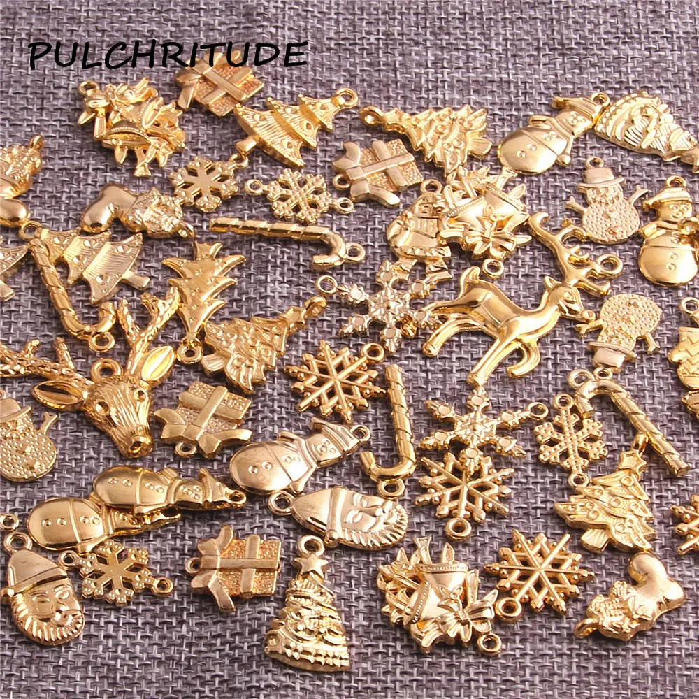 PULCHRITUDE 60pcs Gold Color Christmas Charm Christmas Tree Pendant Deer Snowflakes Charm Mix Charms Diy Jewelry Making c1978