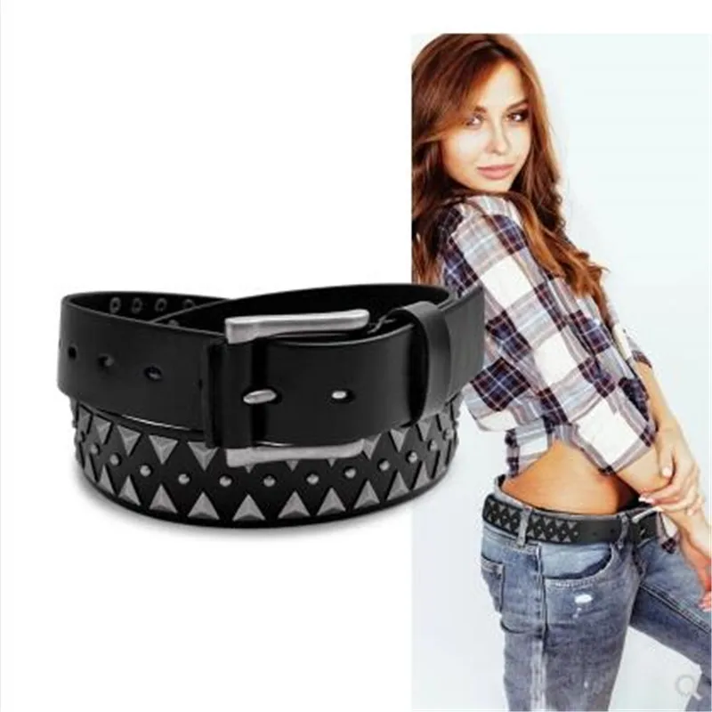 New punk style natural 100% leather pin buckle belt leather fashion men and women punk style rivet belt free shipping