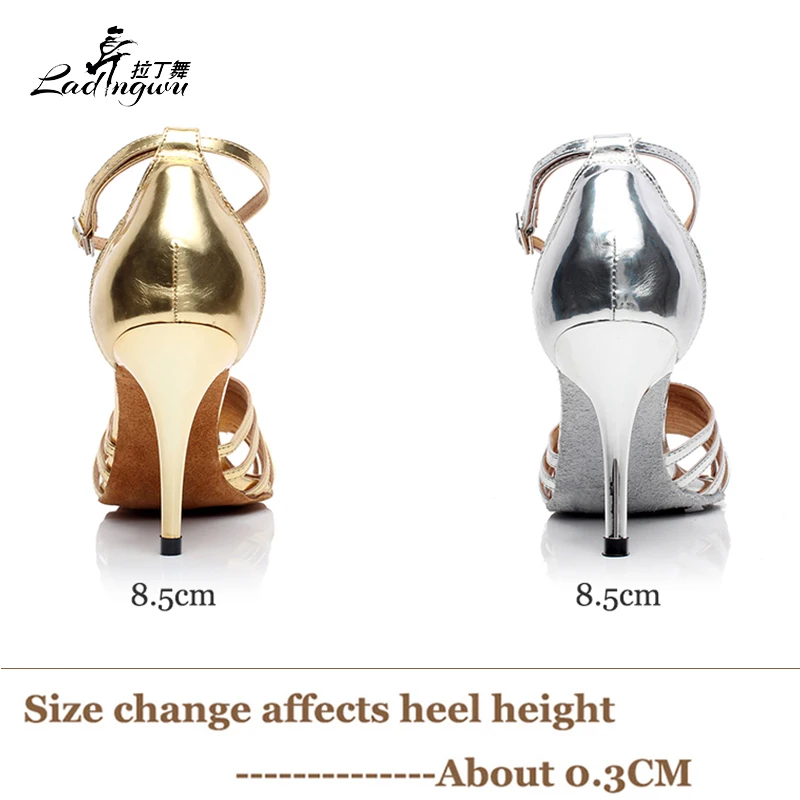 Ladingwu Hot Selling Golden/Silver PU High quality Heel Dance Shoes Latin Woman Party Performance Ballroom Dance Shoes Heels 8.5