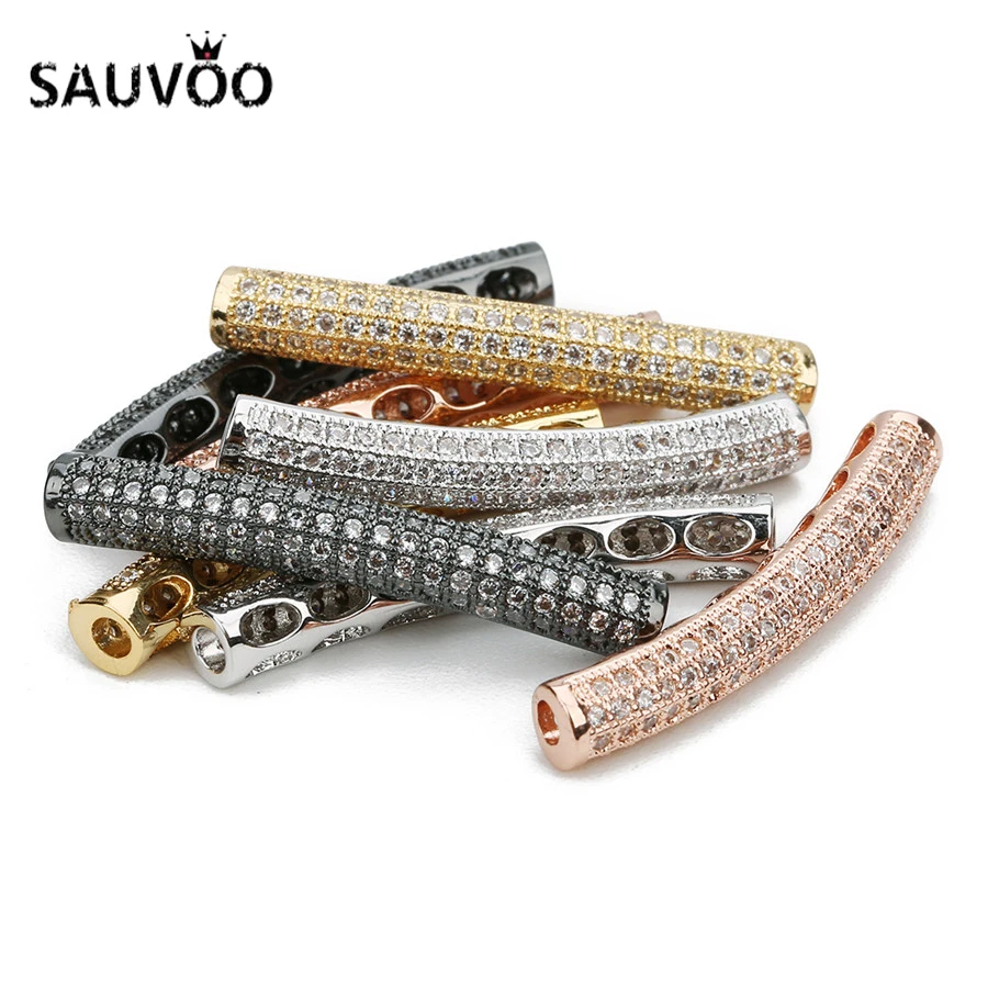 

SAUVOO 2Pcs Crystal Pave Rhinestone Curved Tube Spacer Beads With 2mm Hole Long Copper Charms Beads 4x31mm For Diy Jewelry Makin