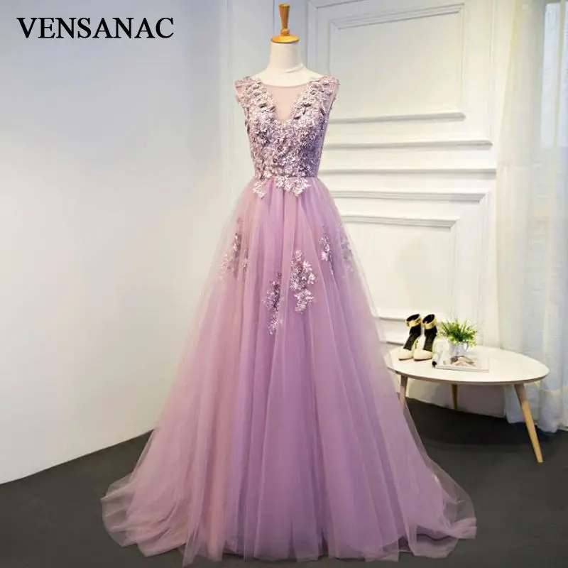 

VENSANAC New A Line 2017 O Neck Flowers Long Evening Dresses Sleeveless Elegant Lace Appliques Sweep Train Party Prom Gowns