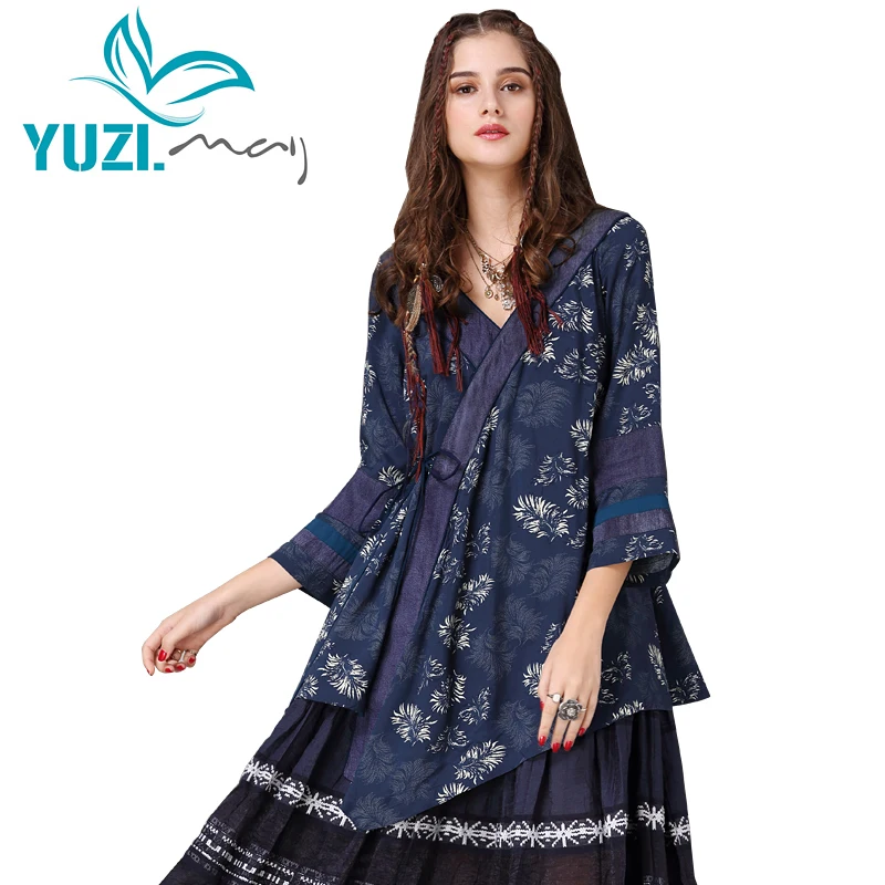 Yuzi.may Boho – chemisier asymétrique pour femme, Blouse en coton et Polyester, col en v, imprimé Floral, cordon de serrage, nouvelle collection 2018, b9336