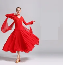 Chiffon Long Sleeves Standard Competition Ballroom Dance Dress For women One Piece Adult Modern/Waltz/Latin Dancing/Dancewear