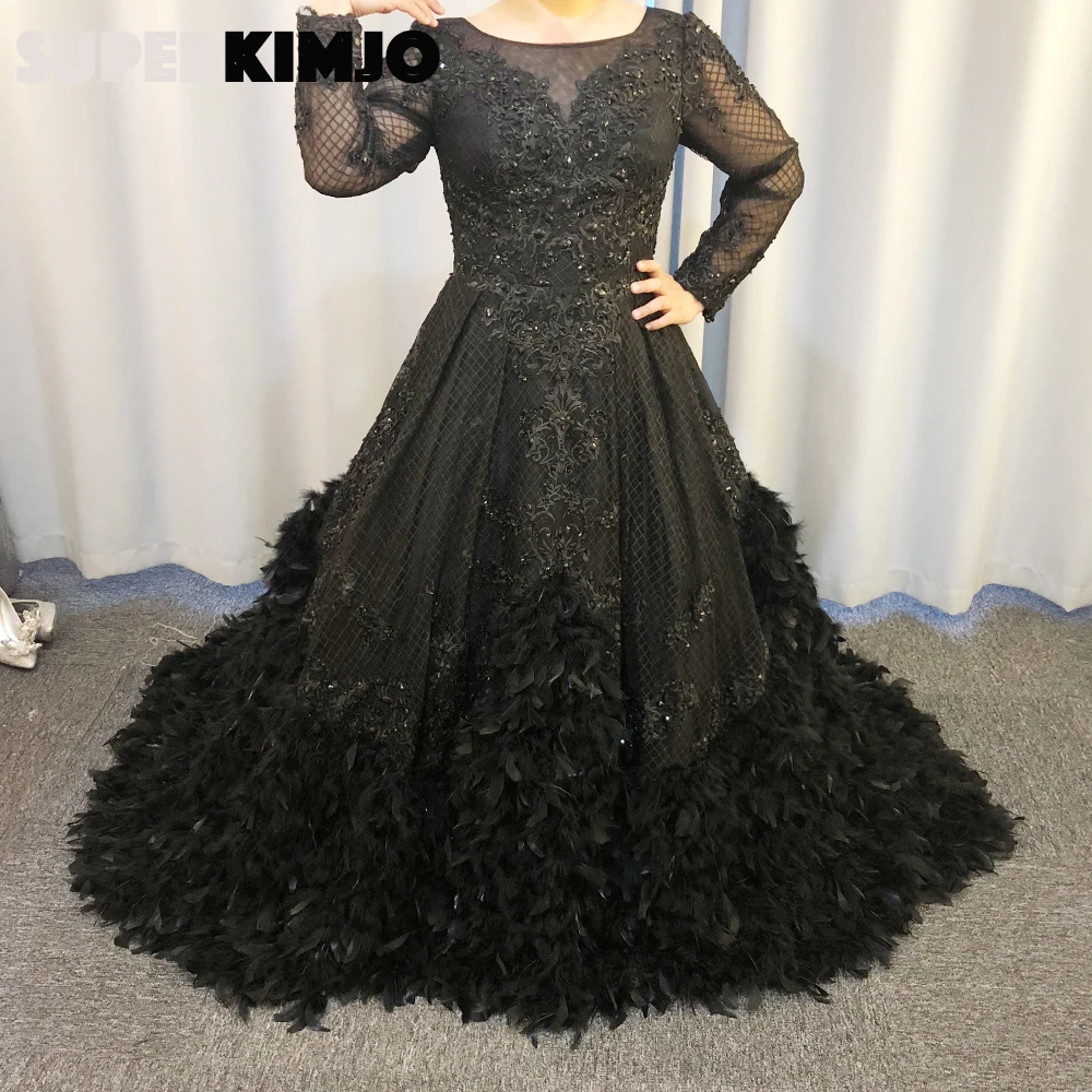 Real black prom dresses 2019 veer kralen crew hals kant applicaties lange mouwen een lijn avondjurken kralen avondjurken