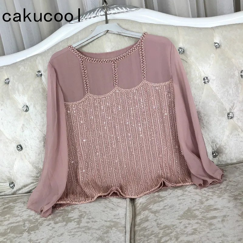Cakucool-Blusa de gasa para mujer, camisa de manga larga acampanada, bordada con cuentas, ajustada, combina con todo, con lentejuelas, ostentosa, Primavera