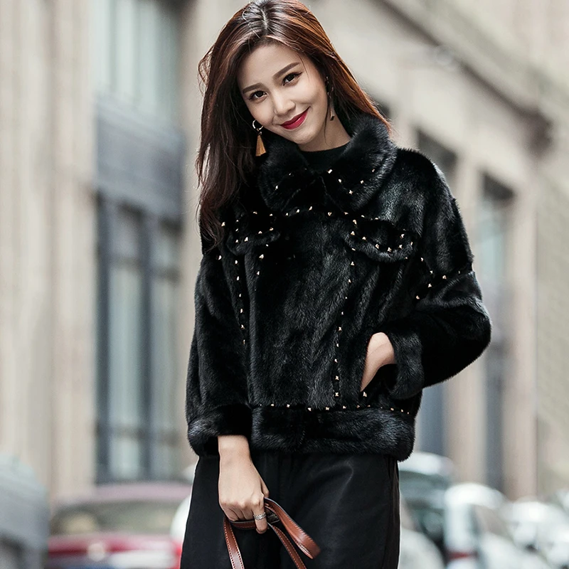 Ftangaiur Winter Jacket Import Velvet Mink Fur Coat Mandarin Slim Rivet Pure Black Mink Coats Women's Short Real Mink Fur Coats