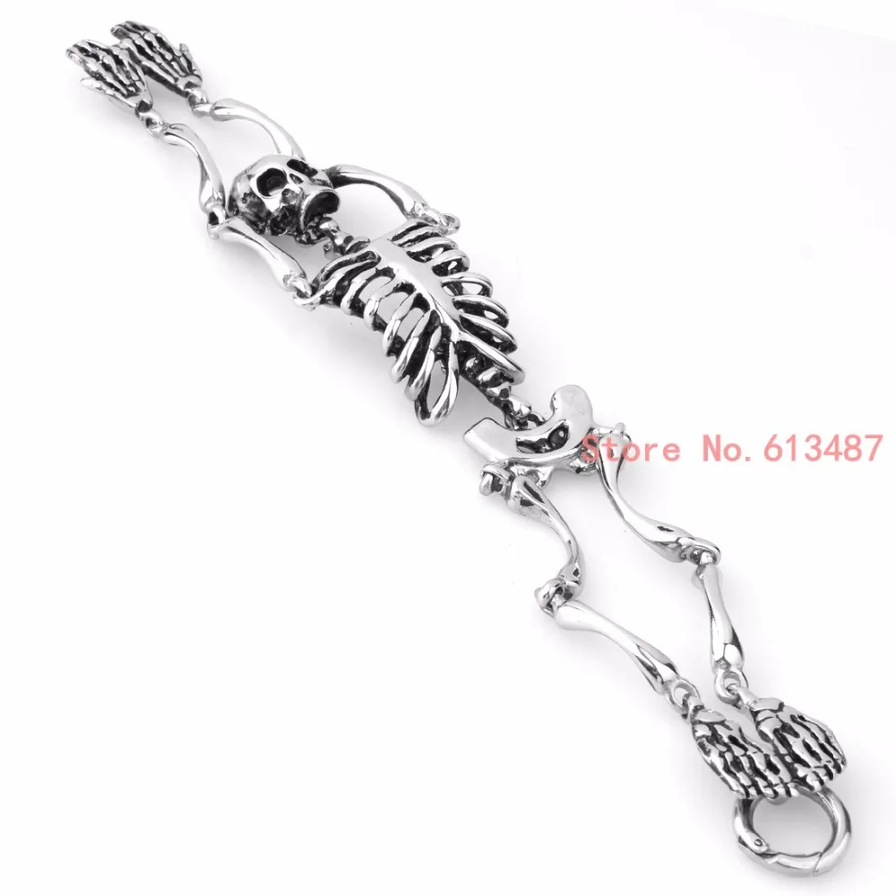 European Halloween Bracelet Punk Skull Skeleton Bracelet For Men Silver Color Stainless Steel Heavy Bangle Cool Jewelry