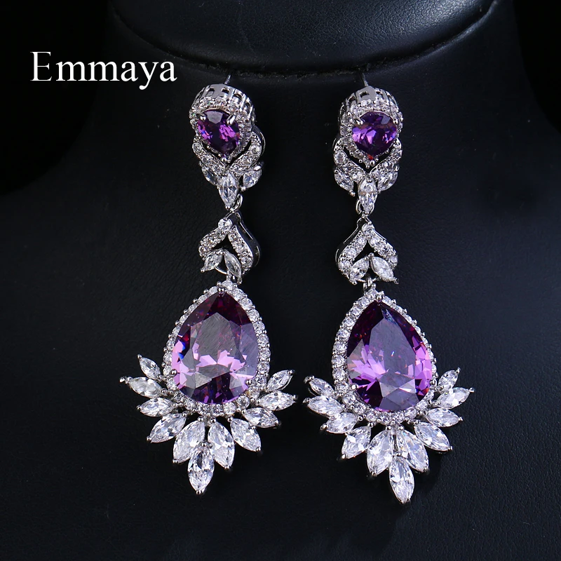 Emmaya Brand Sliver Color Water Drop Shape Purple Zircon Crystal Pendant Stud Earrings For Women Bridal Wedding Jewelry