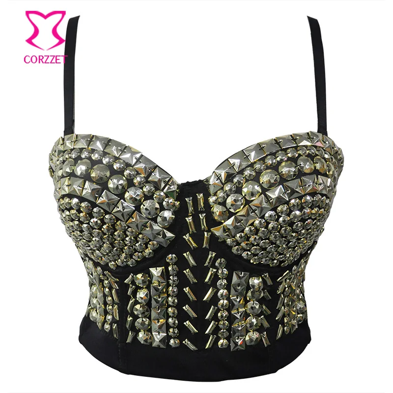 

Punk Gold Resin Gems Beading Sujetador Push Up Bra Bralette Crop Top Underwear Bras For Women Sexy Club Wear Soutient Gorge