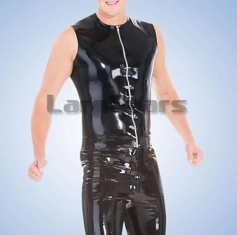 Men Latex Tank Tops RubberT-shirt rubber fetish exotic tank tops with front zip