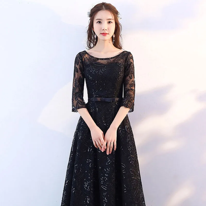 Evening Dresses DongCMY New Fashion Elegant Formal Sequin Lace Black Vintage A-line Half Floor-length Plus Size Prom Gown