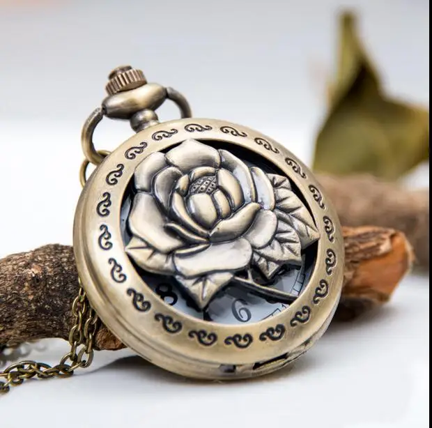 Vintage Bronze Fashion quartz roses Hollow out pendant Necklace pocket watches woman gift