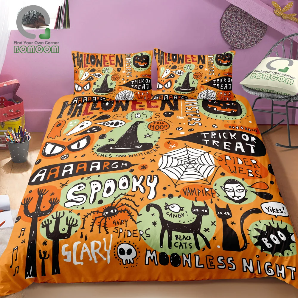 BOMCOM 3D Digital Printing Happy Halloween Halloween Doodle Elements Duvet Cover 100% Microfiber Orange