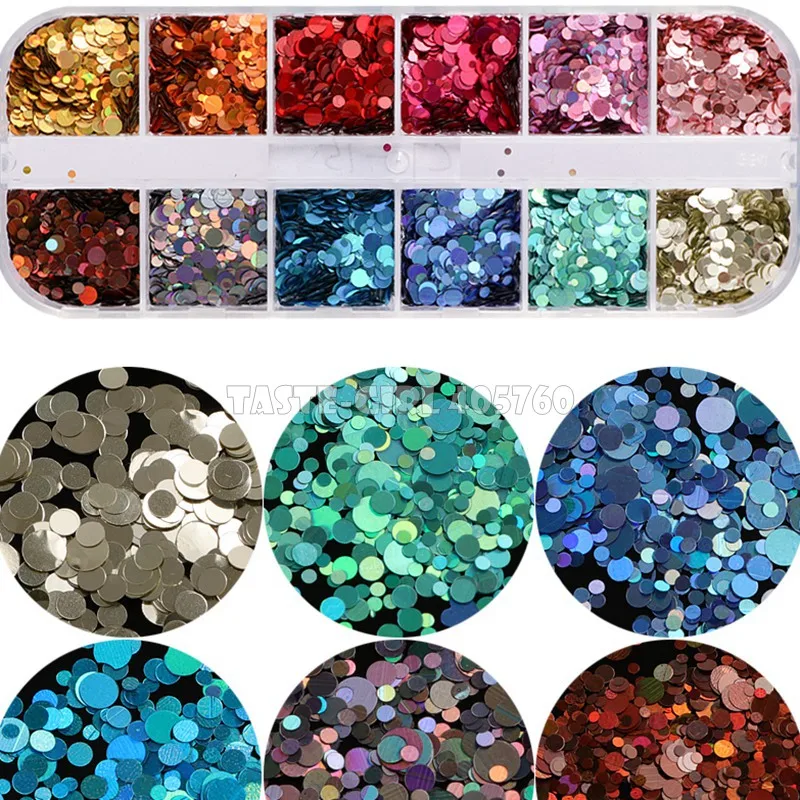 12 Grids/Set High Quality 12 Colors Mix 3 Sizes Glitter Laser Holographic Round Sequin Nail Art Slice Paillette Decals DIY CT15