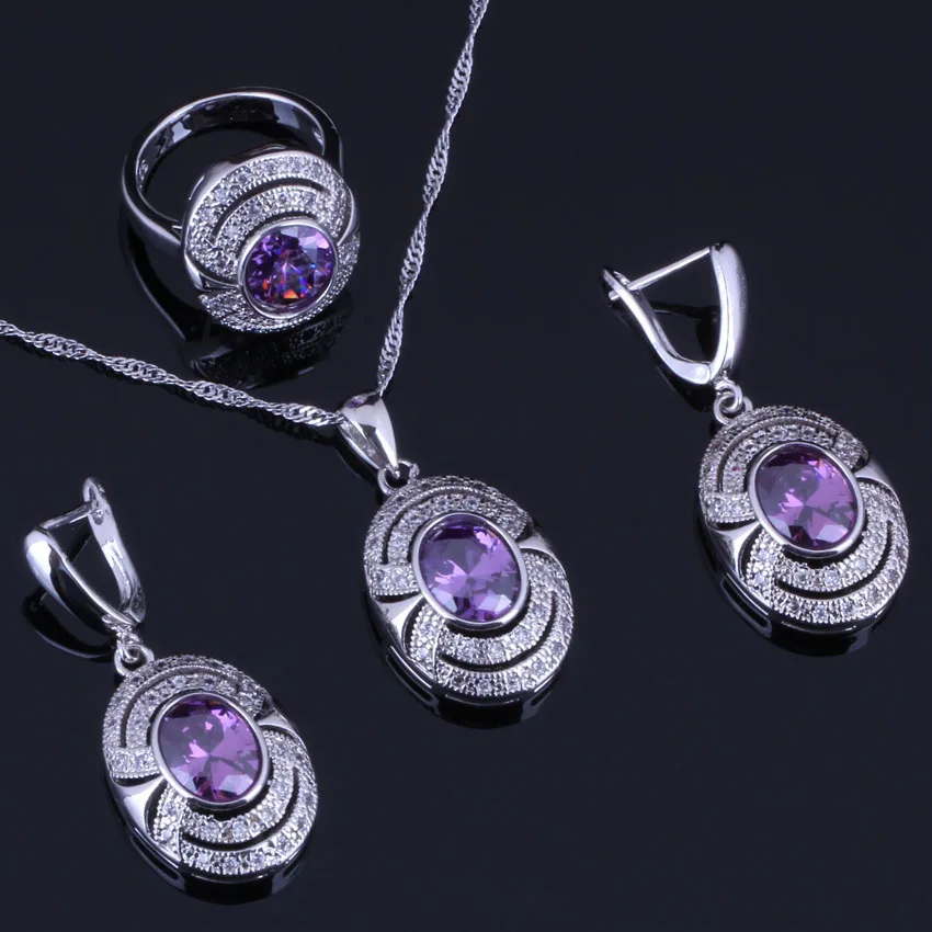 Gallant Oval Egg Purple Cubic Zirconia White CZ Silver Plated Jewelry Sets Earrings Pendant Chain Ring V0273