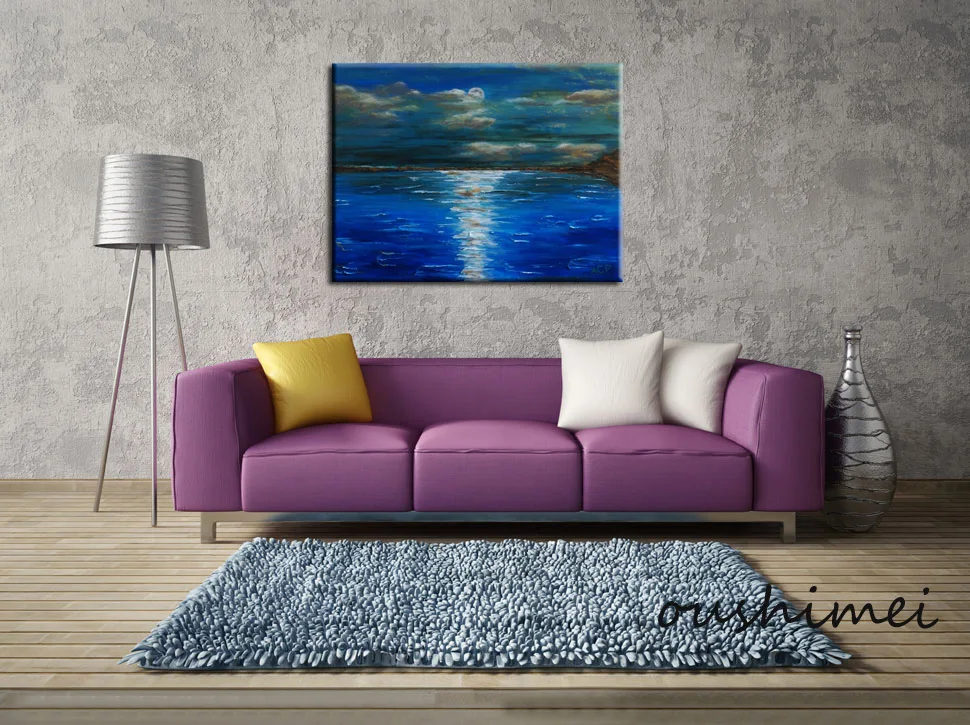 Peaceful Surface of The Lake Under Moon Light-Feel the Wind Skim Over Your Face Handmade Seascape Oil Painting on Canvas Art