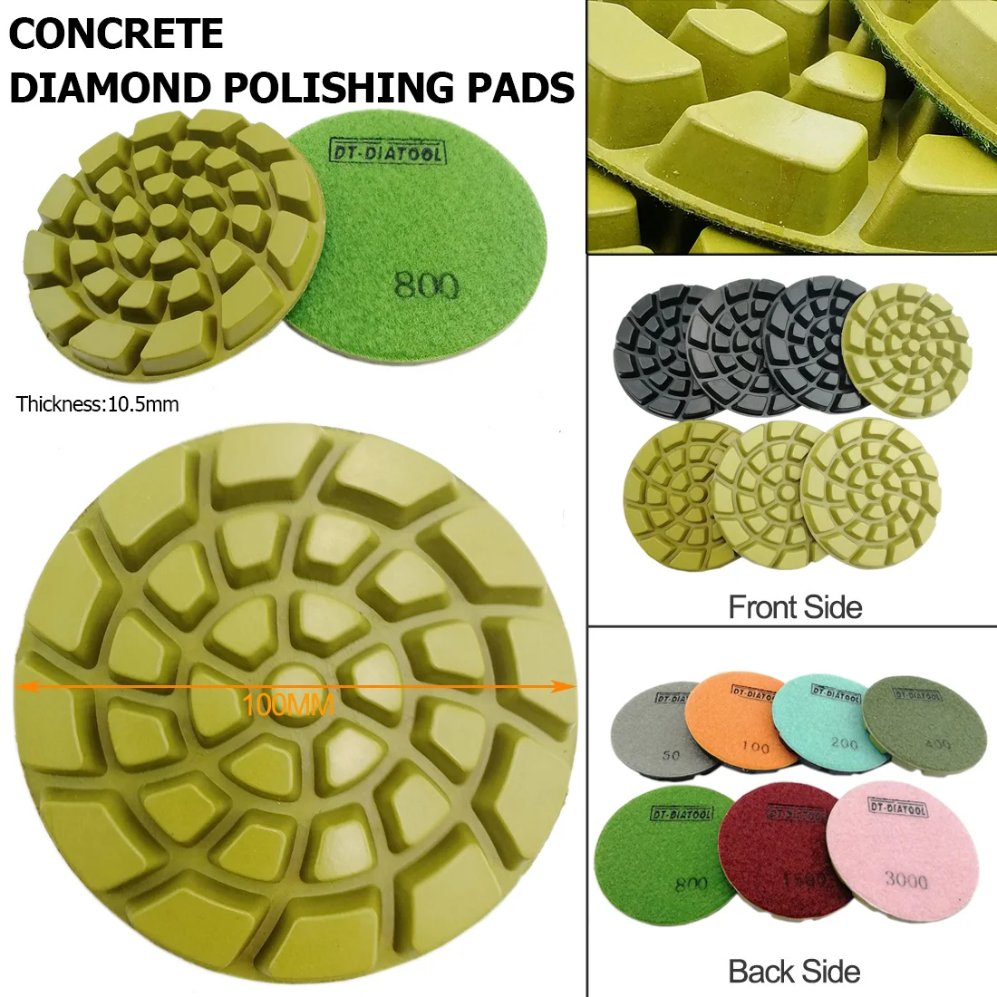 DT-DIATOOL 6pcs/set 4inchDia100mm Grit50 Diamond Concrete Polishing Pads Dry Floor Renew Resin Bond Sanding Discs